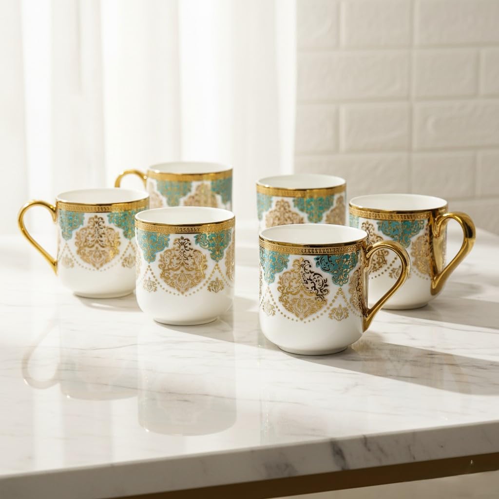 Femora Premium Ceramic Royal Crowned Coffee & Tea Cup | Finest Premium for Tea/Coffee/Hot Drinks | Set of 6 | Capacity- 180 ML | (Not Microwave Safe)