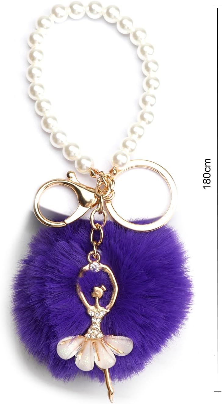Rhinestone Ballerina Girl Keychain with Fluffy Pom-Pom Charm Personalised Gifts for Women Cirly Gift Key Ring - Image 2