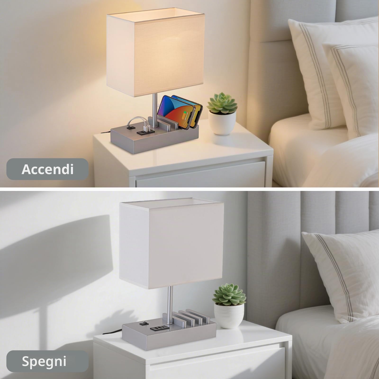 Briever Lampada da comodino USB, lampada da scrivania con 3 porte di ricarica USB e dock di ricarica per telefono, stazione di ricarica e organizer in legno, luce perfetta per camera da letto