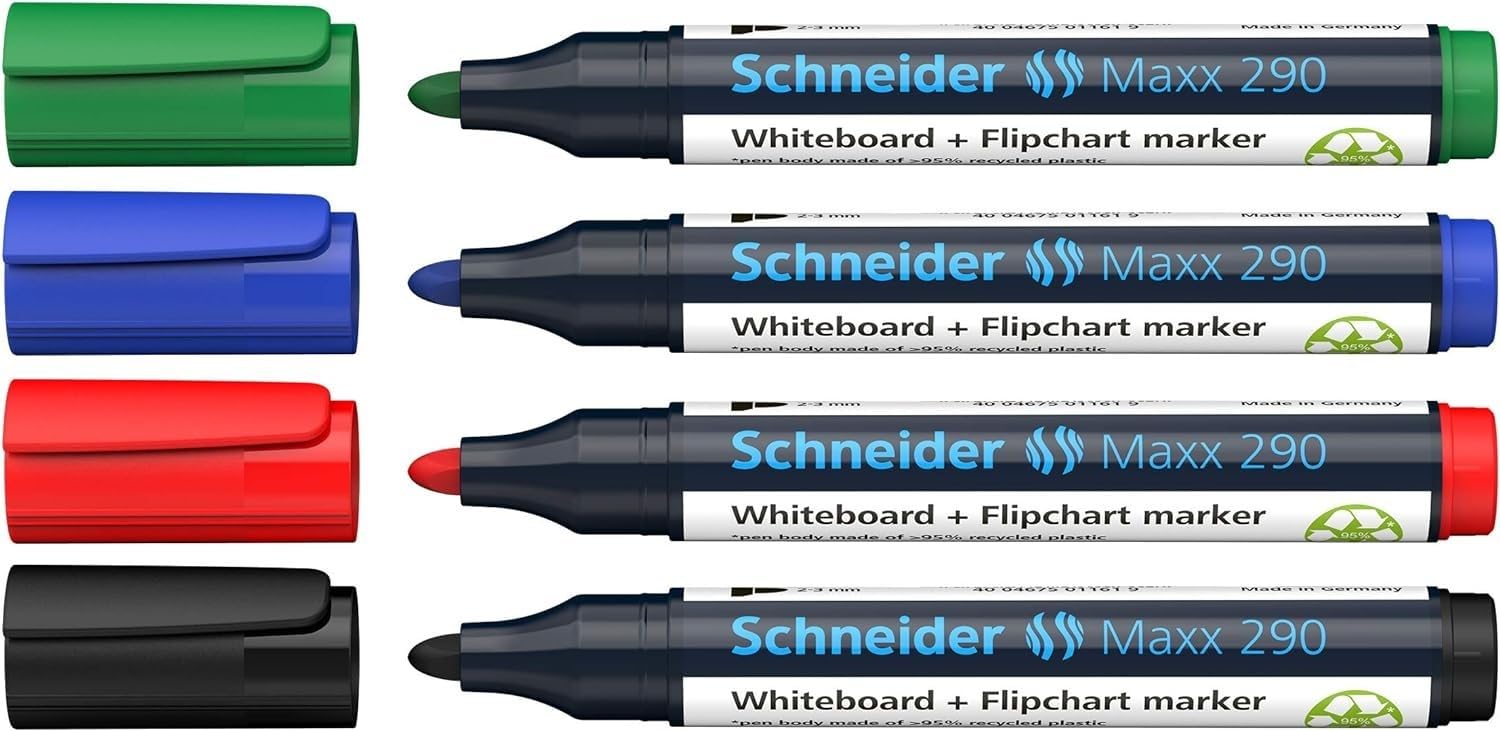 Schneider - Rotulador Maxx 290 (para pizarras blancas y rotafolios, punta redonda de 2-3 mm de grosor de trazo, borrado en seco, no deja residuos, fuerte y de colores intensos)