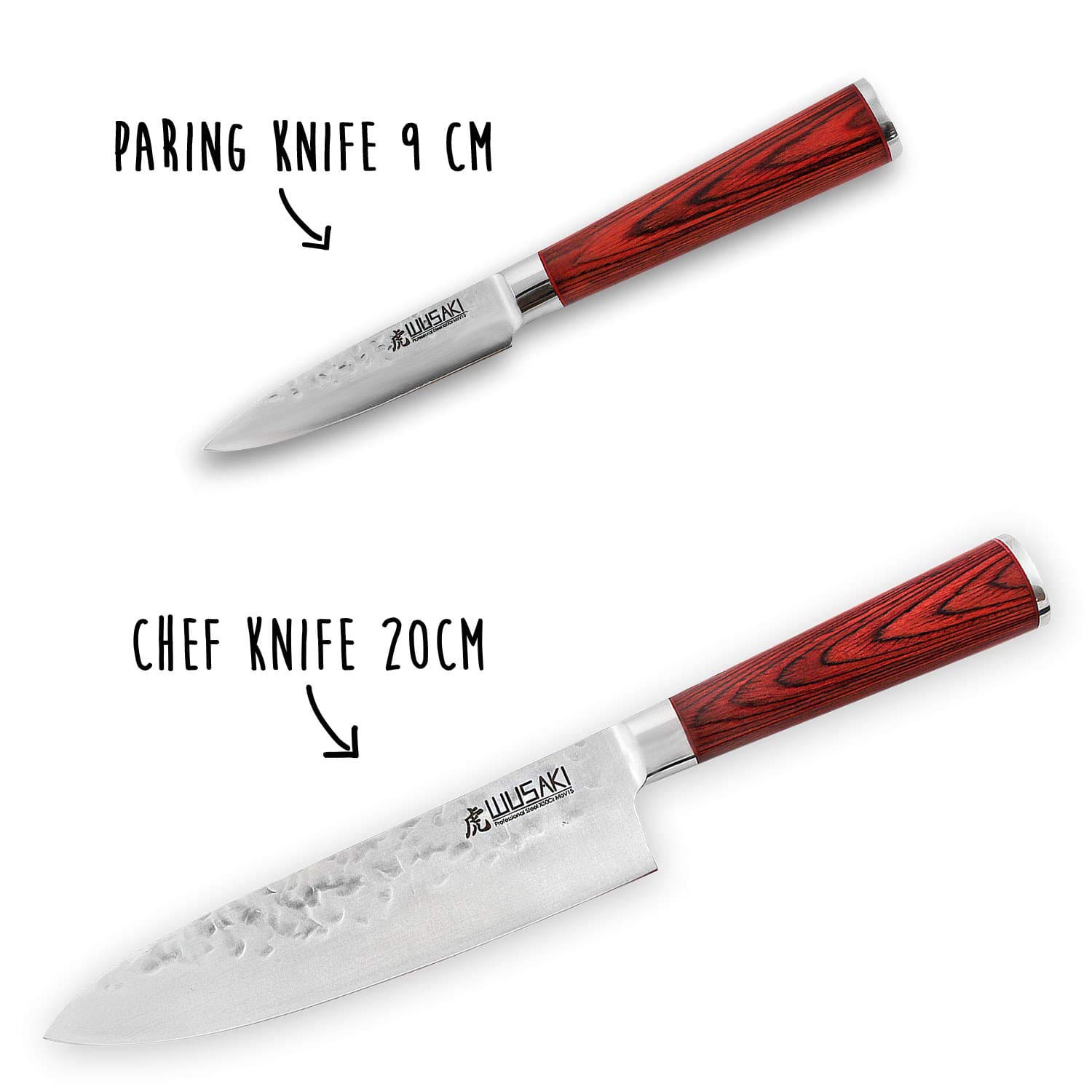 Wusaki Pakka X50 - Juego de 2 cuchillos de cocina con cuchillas martilladas de acero inoxidable y mango Pakkkawood - Caja ideal para regalar