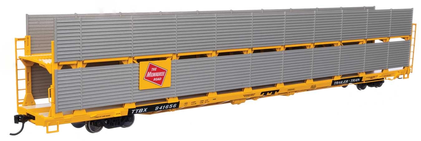 Walthers Mainline 910-8118 HO Scale 89' Flatcar w/Bi-Level Shielded Auto Rack - Ready to Run - Milwaukee Road Rack/Trailer-Train Flatcar TTBX #941656