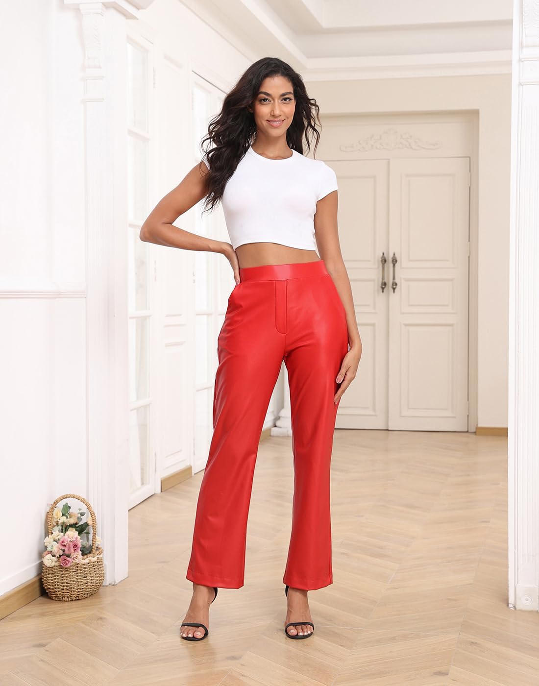 HDE Women's Pull On Faux Leather Kick Flare Pants High Waisted Pant with Pockets - Image 2