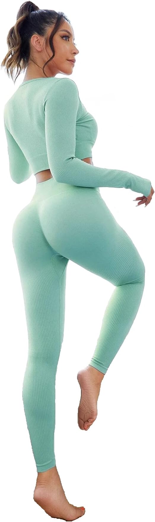 Sweet CathyRibbed Seamless Scrunch Butt Lift Leggings and Crop Top Long Sleeves Square Neck Set High Waist Yoga Pants Workout Activewear Sportswear Tracksuit for Women