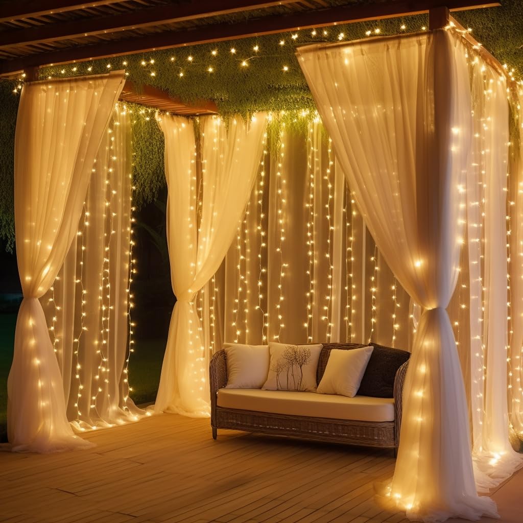 DazSpirit 3Mx3M 300 Tenda luminosa a LED, catena di luci USB decorative con 8 modalità di luce Telecomando e timer, impermeabile per la festa di nozze Camera da letto di Natale (Bianco Caldo)