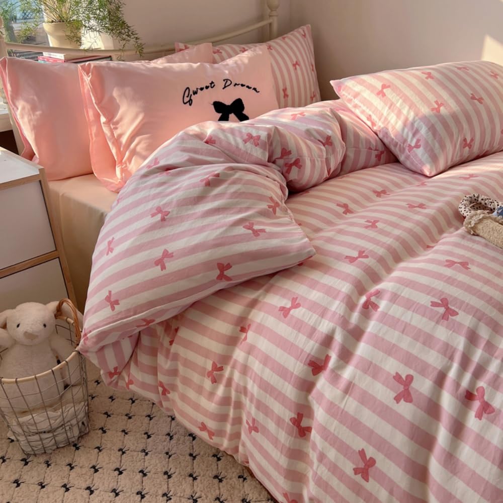 Covebett Pink Duvet Cover King Pink White Striped and Bows Pattern Kawaii Bedding Set Kids Girls Aesthetic Microfiber Comforter Quilt Cover 220x230 cm with Zipper Closure and 2 Pillowcases 50x75 cm