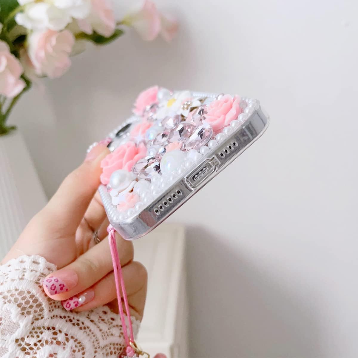 for iPhone 17 Pro Max Glitter Bling Case,Cute Luxury 3D Sparkle Crystal Rhinestones Flowers Diamond Pearl Gems with Lanyard Wrist Strap Women Girls Phone Case for iPhone 17 Pro Max 6.9", Pink - Image 7