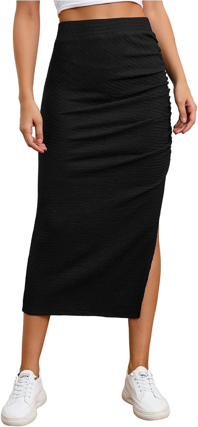 SOLY HUX Women's High Waisted Ruched Split Skirt Bodycon Pencil Going Out Long Skirts