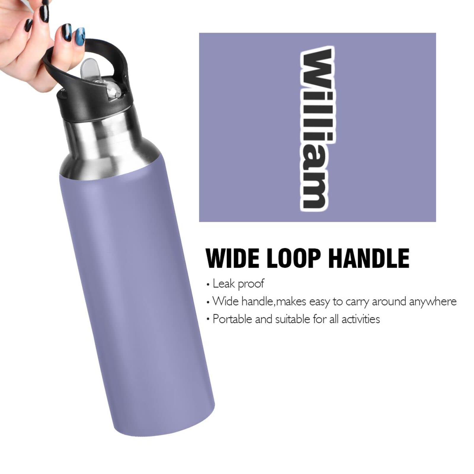 Isolierflasche mit Griff, 900 ml, Violett, auslaufsicher, mit Strohhalm-Deckel, Thermoflasche für Wandern, Camping, BAP-frei