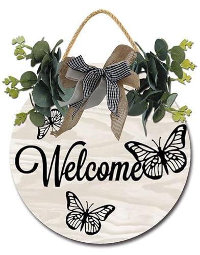 Cartello di benvenuto per porta d'ingresso, ghirlanda di legno rotonda rustica, cartello per interni ed esterni, decorazione per portico anteriore, regalo di inaugurazione della casa, 30 cm
