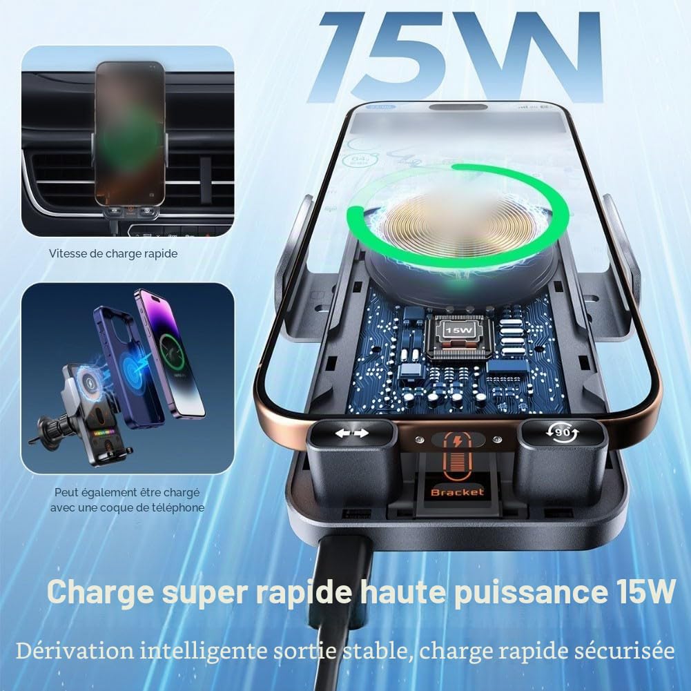 Niceminiwall - Chargeur de voiture sans fil 15W et support de téléphone pour usage en voiture, design à serrage automatique avec un bouton pour ouvrir et fermer, prend en charge la charge rapide (Noir