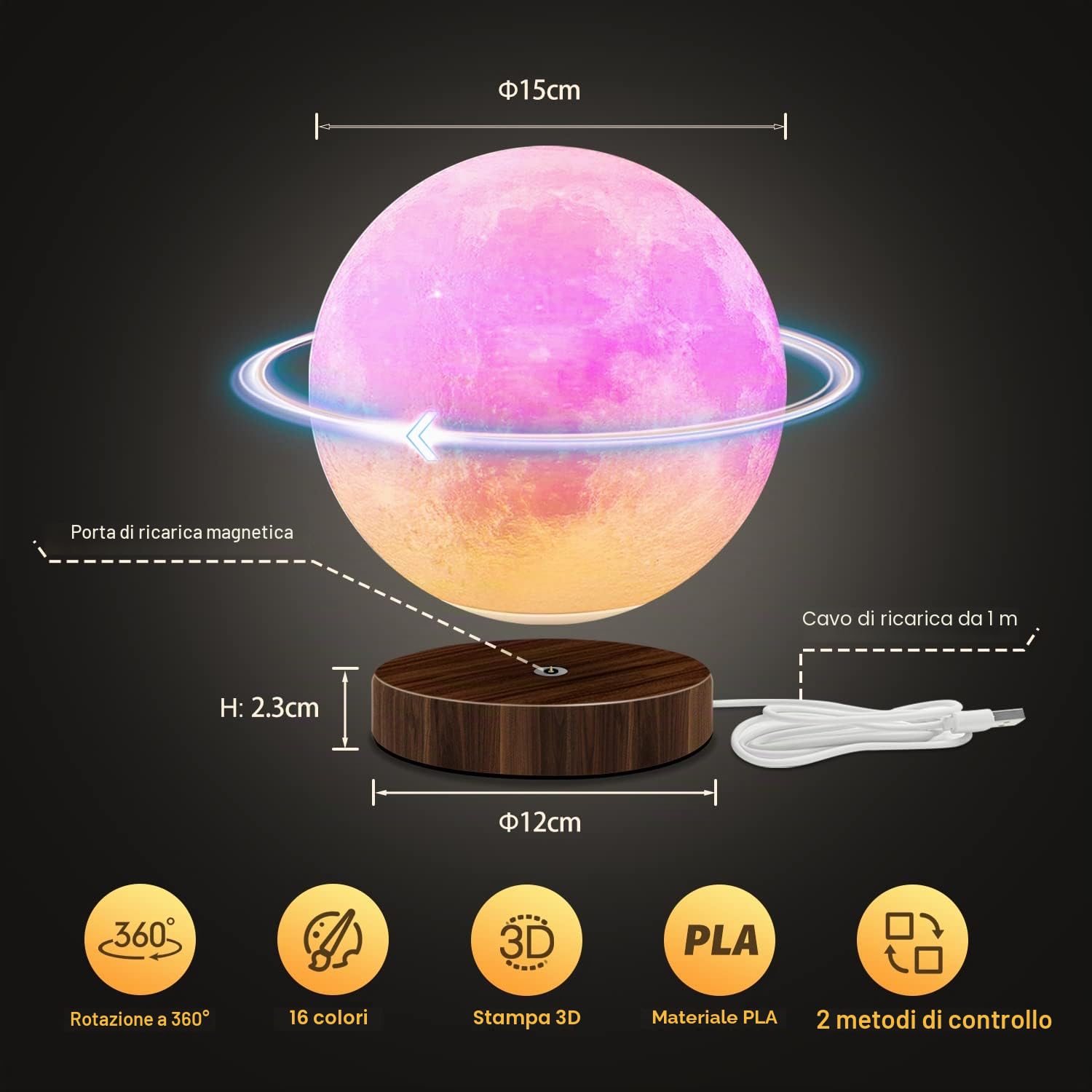 tekstap Lampada lunare con telecomando e controllo touch, 16 colori dimmerabile a 360 °, luce lunare girevole a 360 °, stampa 3D ricaricabile luce notturna regali per bambini/compleanno