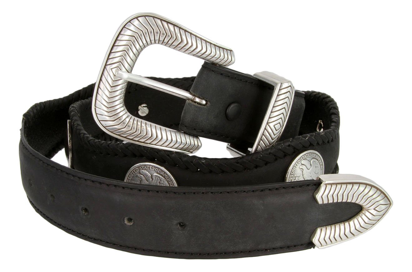 Arlington Western Half Dollar Eagle Coin Conchos Leather Scalloped Belt (Black, 52)