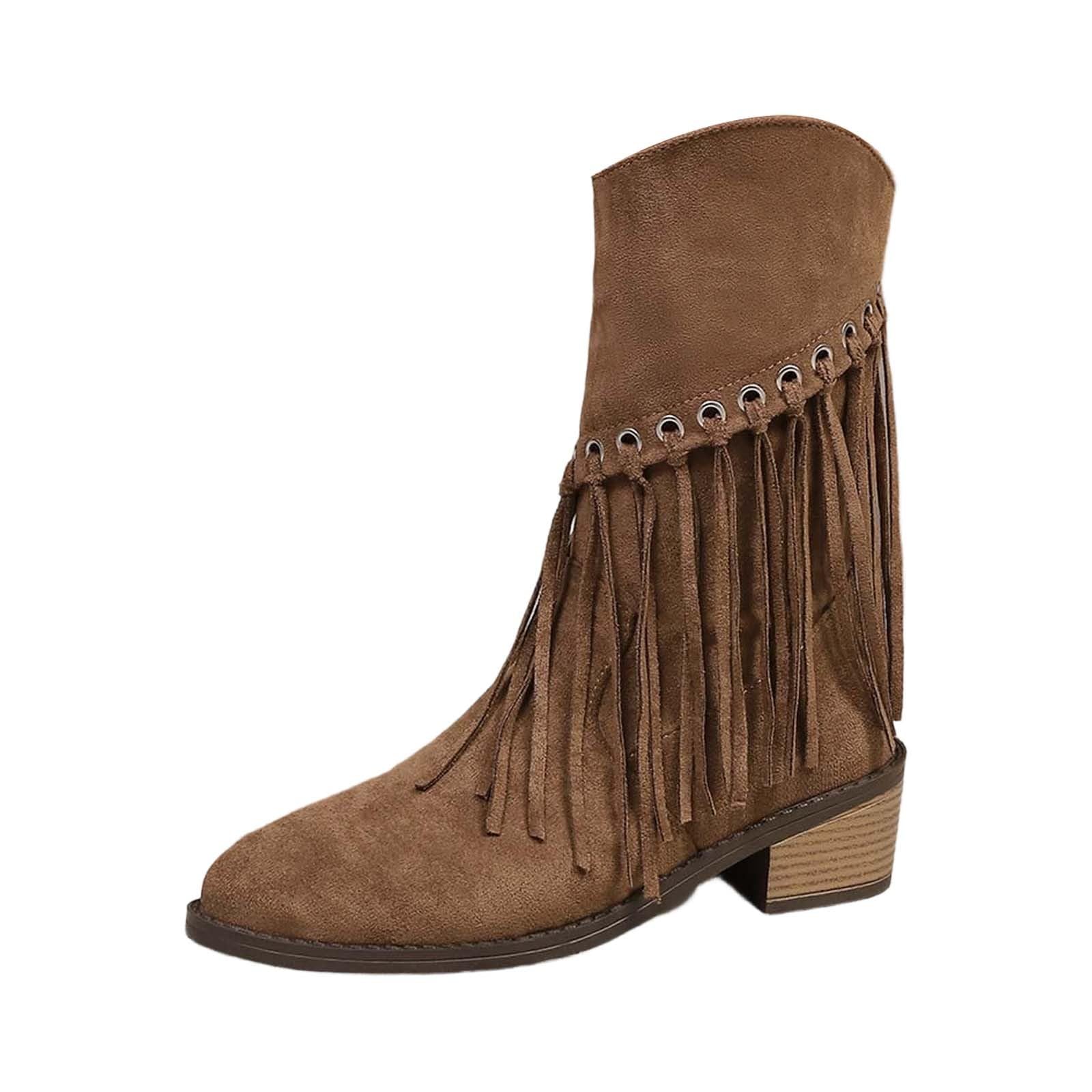 Botas por Encima de la Rodilla Botas de Media caña con Cremallera Lateral y Flecos: Botines Estilo Western para Uso Diario.