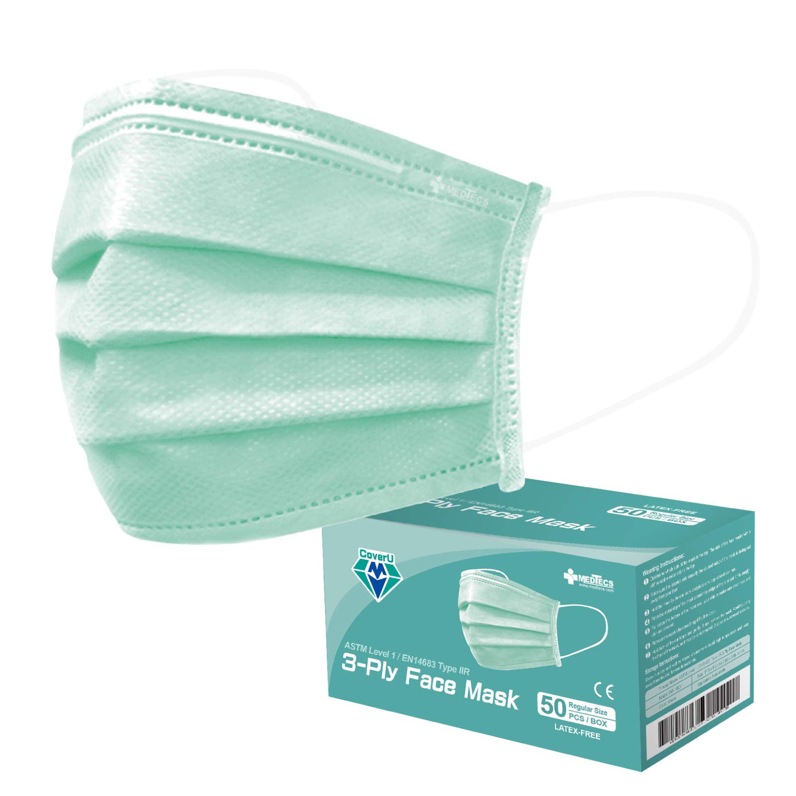 Medtecs Face Mask Disposable - 50/2000 PCS - Comfortable 3 Layer Breathable Mask, the Better Protection and Health Choice - CoverU Adult Mask - 50 PCS/Box - Green