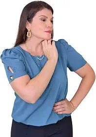 Blusa Social Feminina Manga Curta Bufante Camisa com Botão Alfaitaria do M ao GG Elegante