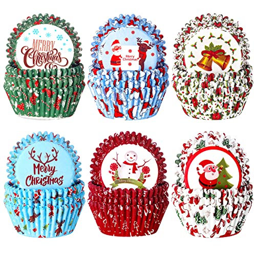 600 Pieces Christmas Cupcake Wrappers, Santa Claus Cupcake Liners, Snowman Cupcake Cups, Xmas Colorful Paper Baking Cups for Cake Candy Make Baking Supplies, 6 Styles (Santa Styles)