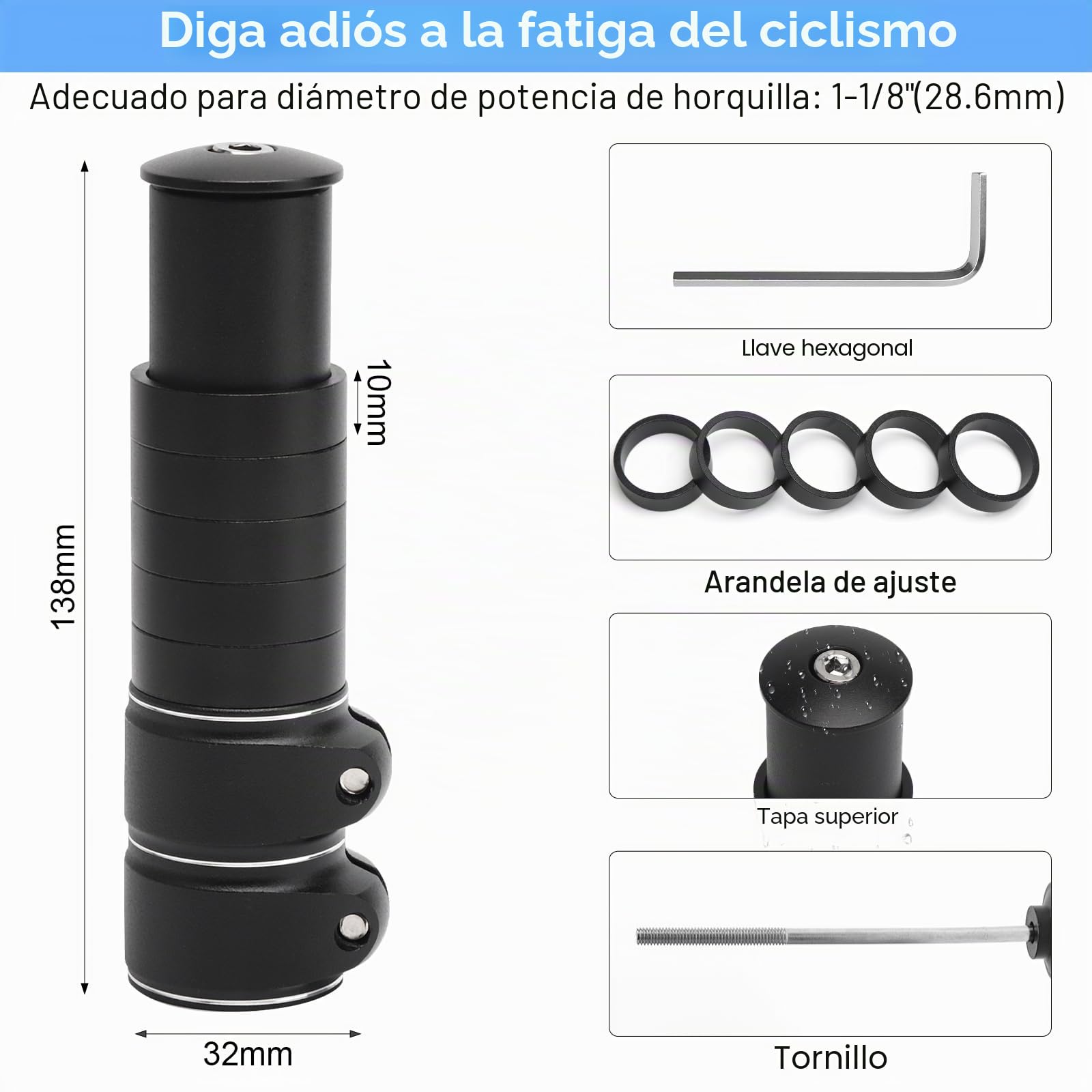 APOMOONS Elevador Manillar Bicicleta con Llave Hexagonal, Elevador de Manillar de Aluminio Elevador de Manillar Elevador de Manillar para Bicicletas de Montaña y Urbanas de 28,6MM (Negro 138 X 28,6MM)