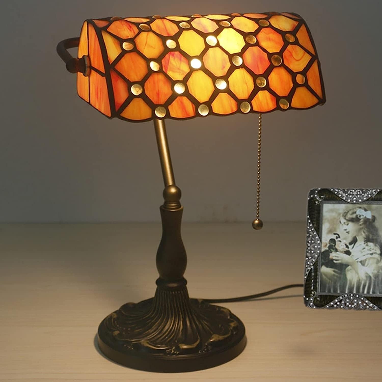 Bankiers Tischlampe, farbige Glaslampe, Kristallperlenschreibtischlampe, Schlafzimmer in der Nacht Leselampe (orangefarbener gelber Glasperlenschatten) Innovate