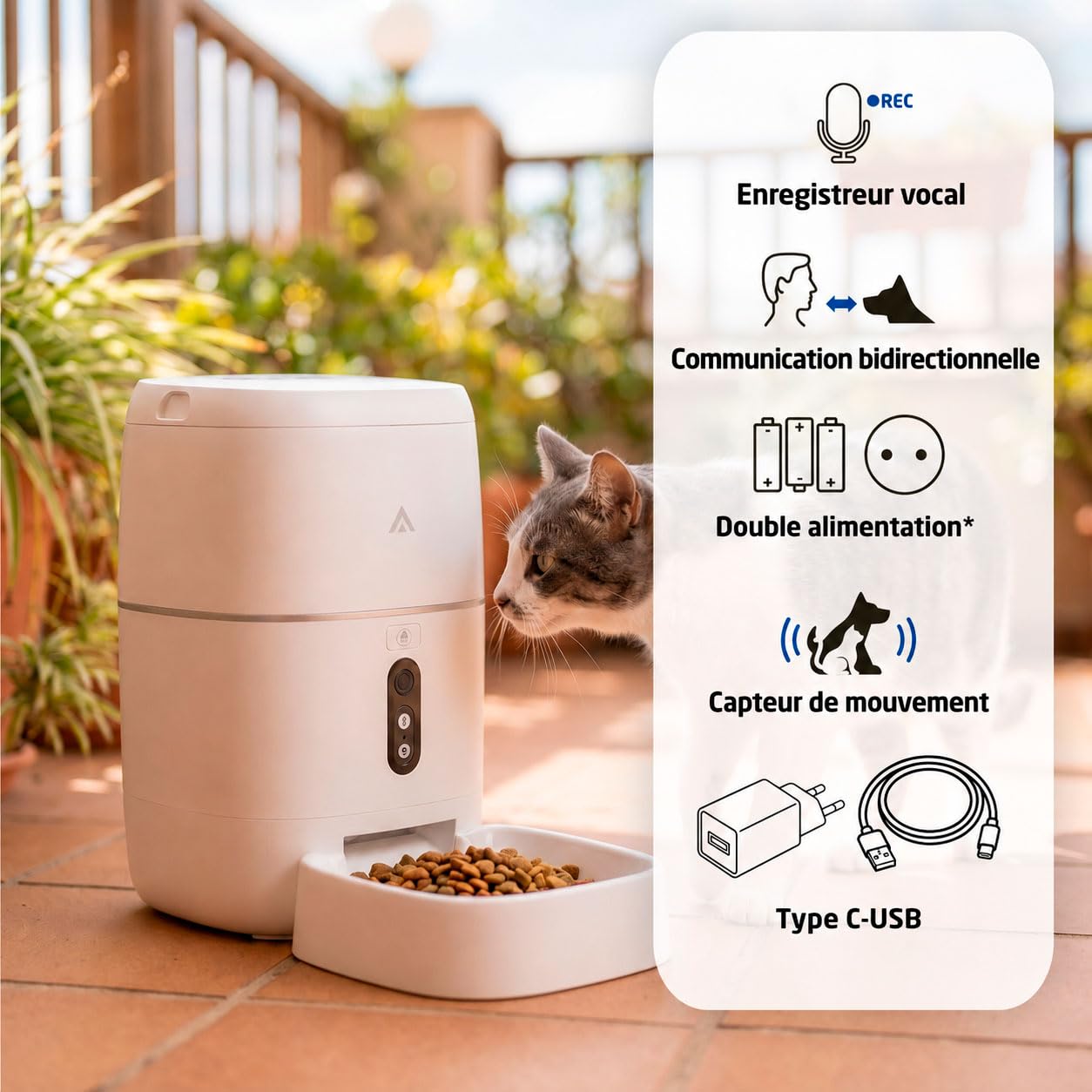 Distributeur Automatique - 6 litres - Caméra 3MP, WiFi et App - Programmation des Repas, Audio bidirectionnel, Vision Nocturne, Chargement USB-C ou Piles. pour Chats et Chiens - Mod. PF-BL6