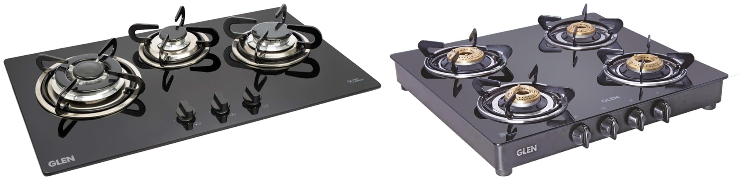 Glen 3 Burner Built in Glass Hob Auto Ignition (BH3B73TR Cooktop, Black) & Glen 4 Burner Gas Stove with Brass Burner (CT4B55BLBB Cooktop, Black)