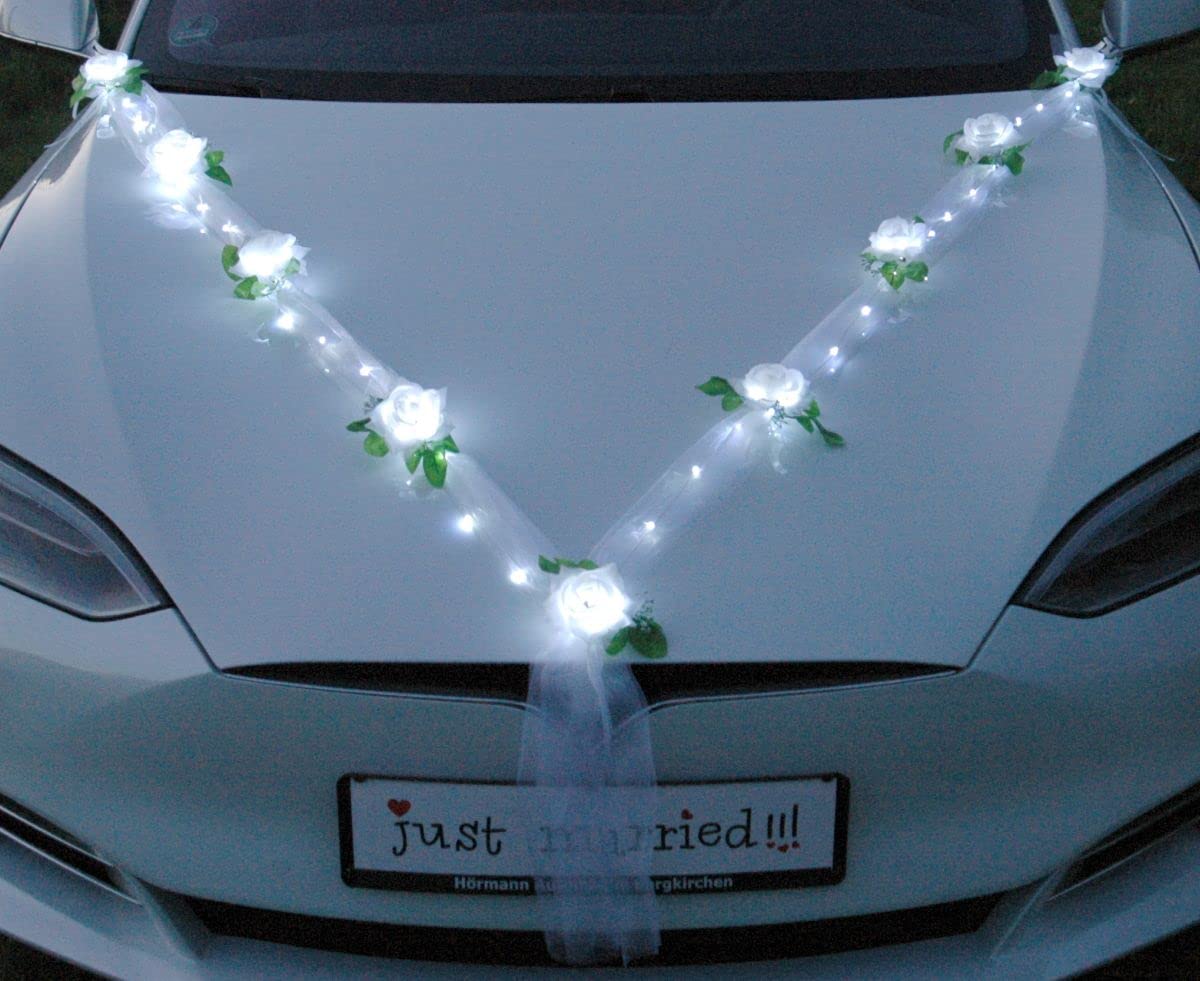 LED leuchtende Autoschmuck Auto Schmuck Braut Paar Rose Dekoration Hochzeit Car Auto Wedding Deko (M Reinweiß)