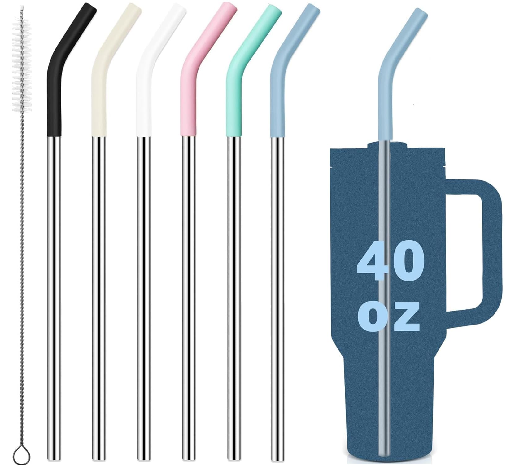 ALINK Replacement Straws for 40 oz Stanley Tumbler, 6Pcs Reusable Straight Long Stainless Steel Metal Straws with 6 Silicone Tips and 1 Straw Cleaning Brushes