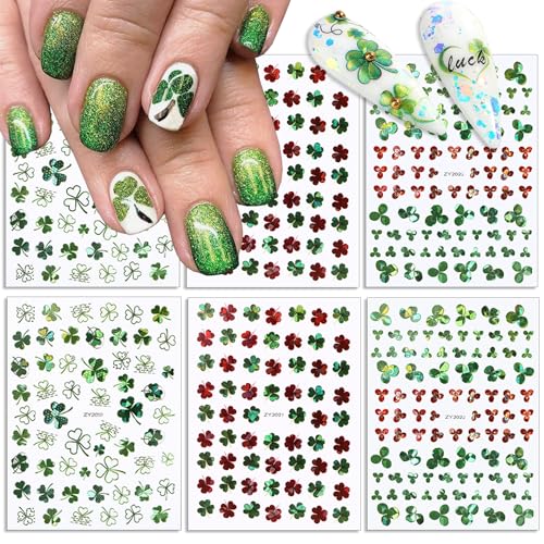 6 Sheets St. Patrick's Day Nail Art Stickers Luxury Laser Shamrocks Nail Decals 3D Self-Adhesive Nail Designs Green Shamrock Nail Sticker Luck of The Irish Nail Art Supplies Decoration for Women Girls