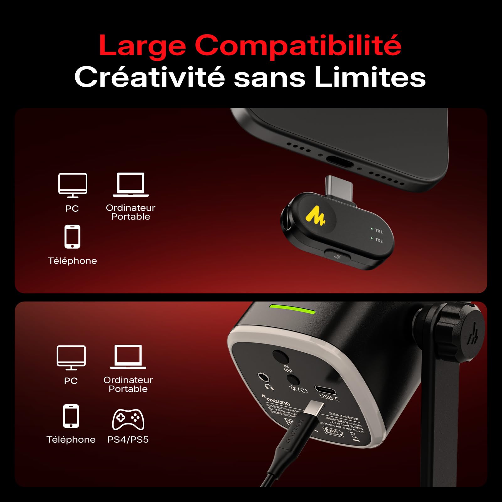 MAONO PD100W Microphone sans Fil/USB, Micro Gaming PC Dynamique avec Réduction de Bruit en Un Clic, Bouton Mute, RGB & Logiciel Dédié. Idéal pour Le Streaming, Le Enregistrement & l’Podcast. Noir
