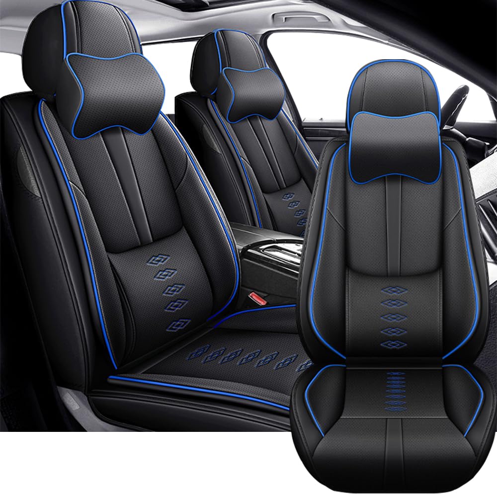 2 Front Car Seat Covers for Chevy Chevrolet Malibu 2007-2024 2025 Waterproof Seat Covers with Lumbar Support Nappa Leather Car Seat Cover for Chevy Chevrolet Malibu?Black&Blue-Deluxe?