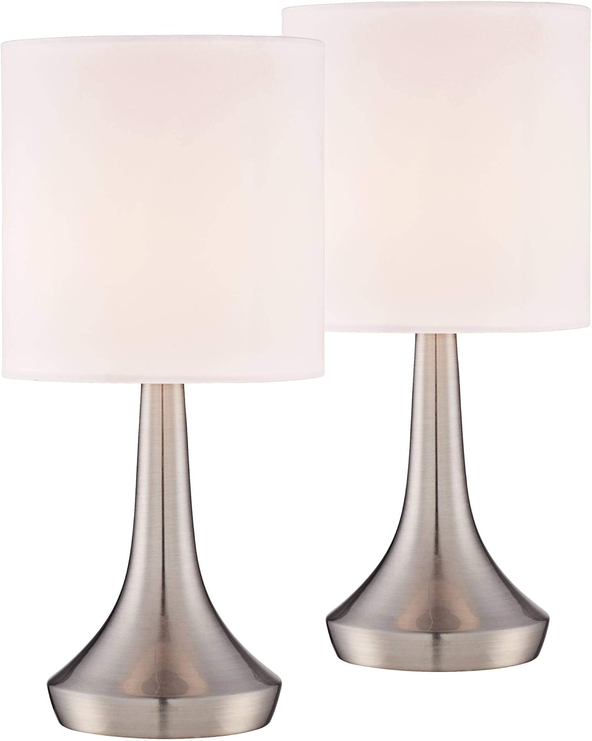360 Lighting Zofia Modern Accent Table Lamps 13" Tall Set of 2 Brushed Nickel Silver Tapered Metal Touch On Off White Fabric Drum Shade for Bedroom House Bedside Nightstand Office Entryway