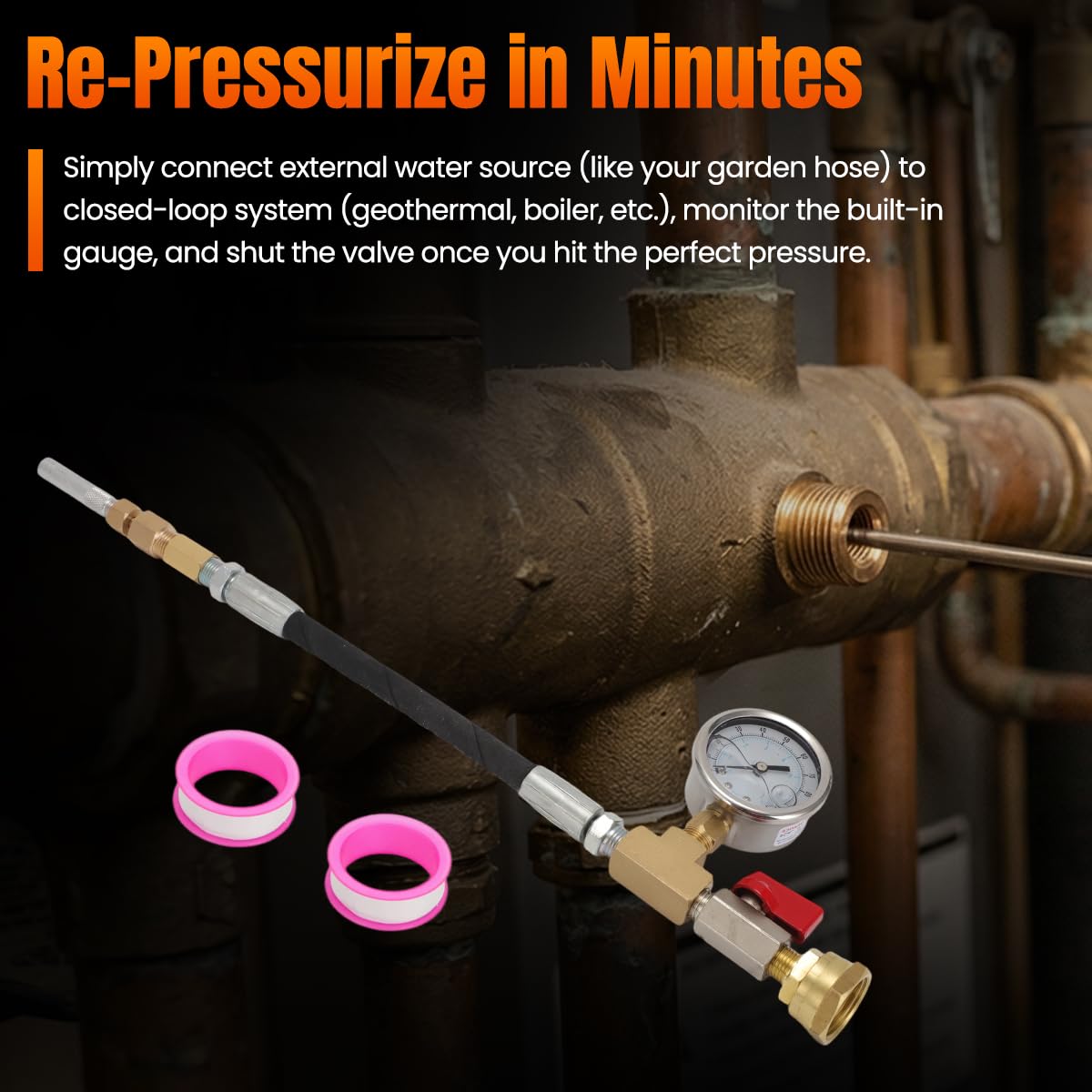 Geothermal Loop Fill Tool with 100PSI Gauge & Protector – 12" Flex Hose for Tight Spaces, 1/8" Needle, Garden Hose Connector & Quarter Turn Valve for Boilers & Water Heaters