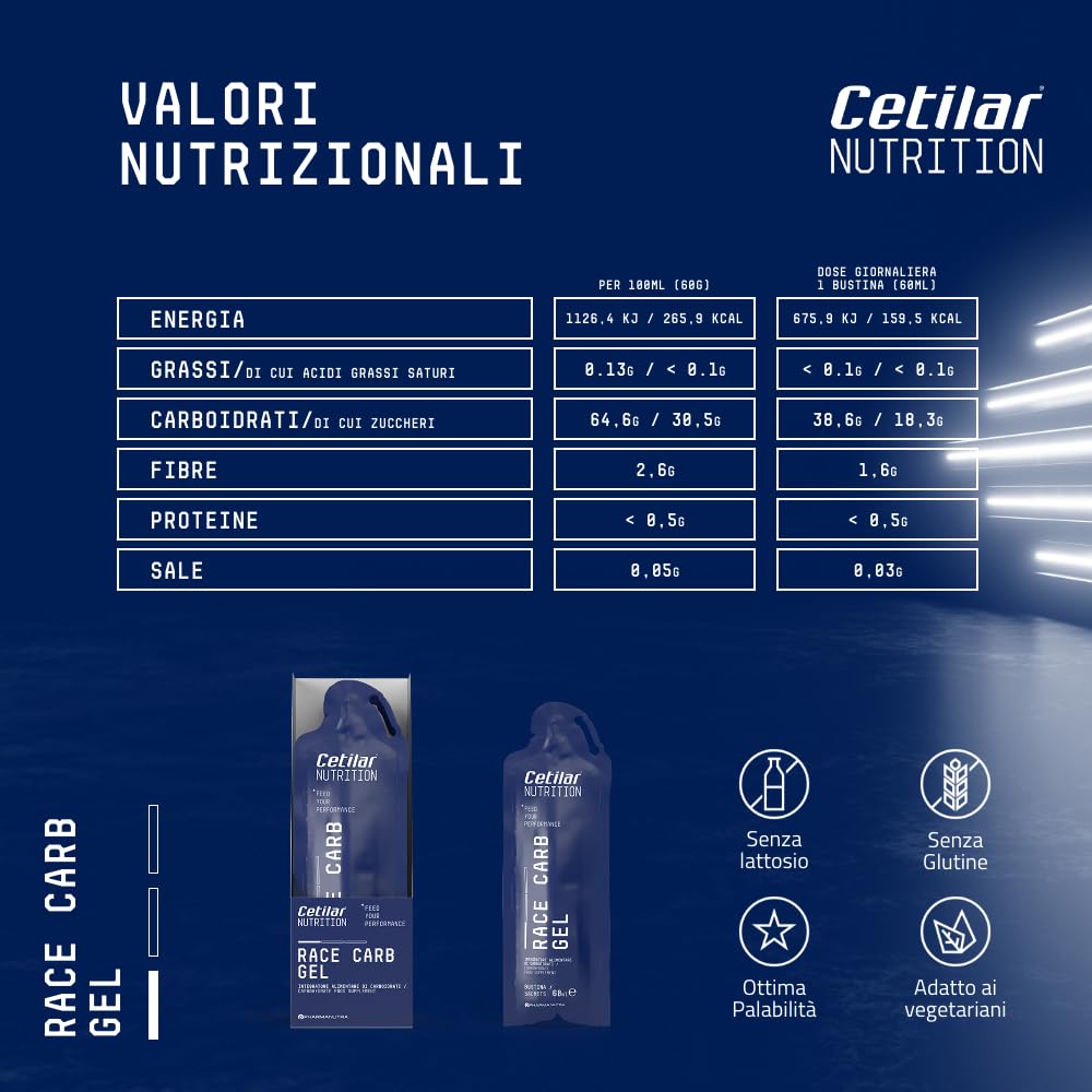 Race Carb Gel, Integratore di carboidrati (40g), rapporto tra maltodestrine e fruttosio di 1:0,8, Per Sport a media-alta intensità, 10 Gel da 60ml, Sapore agrumato, Cetilar Nutrition