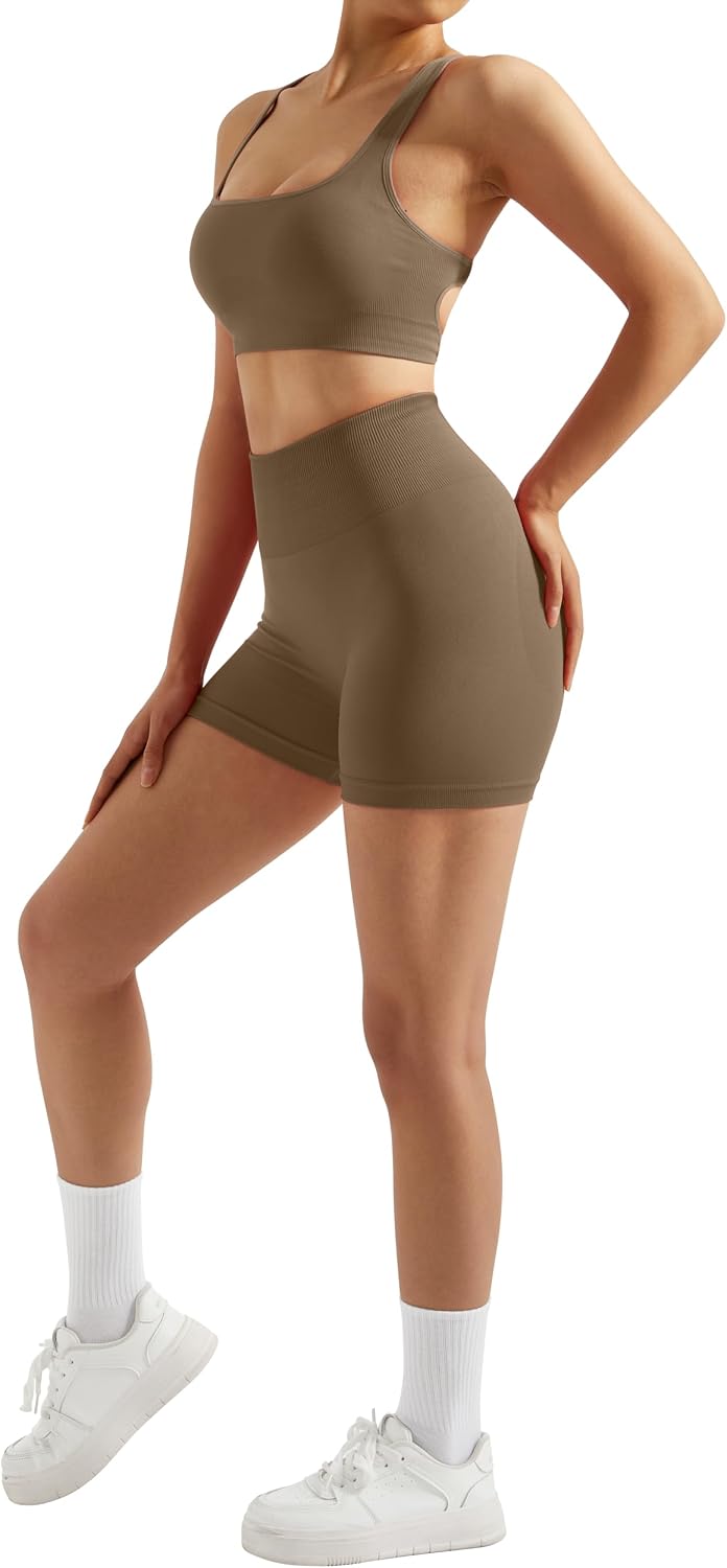 RXRXCOCO Seamless Workout Sets for Women 2 Piece Strappy Sports Bras Scrunch Butt Booty Shorts Matching Yoga Tracksuits