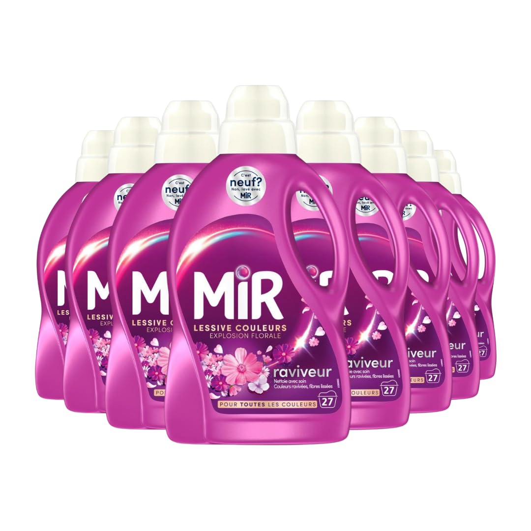 Mir - Lessive Liquide Couleurs - Explosion Florale -Main & Machine - Raviveur - Formule 3en1 - Couleurs - Fibres - Fraîcheur - Nettoie avec Soin - Pour Toutes les Couleurs - 27 Lavages - Lot de 8