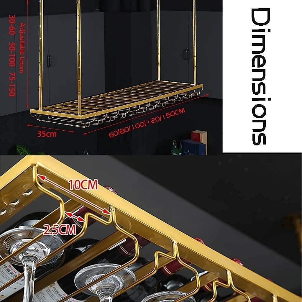 Adjustable Iron Ceiling Mounted Wine Glass and Bottle Holder with Baking Process, Upside Down Glass Storage Shelf for Home, Kitchen, Bar Decor(Black,100 * 35 * 8Cm) (Gold 120 * 35 * 8Cm)