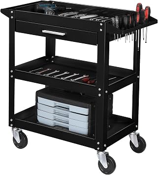 TUFFIOM 3 Tier Rolling Tool Cart on Wheels with Drawer, 330 LBS Capacity, Heavy Duty Commercial Utility Tool Service Cart, Tool Organizer for Mechanic, Garage, Warehouse & Repair Shop