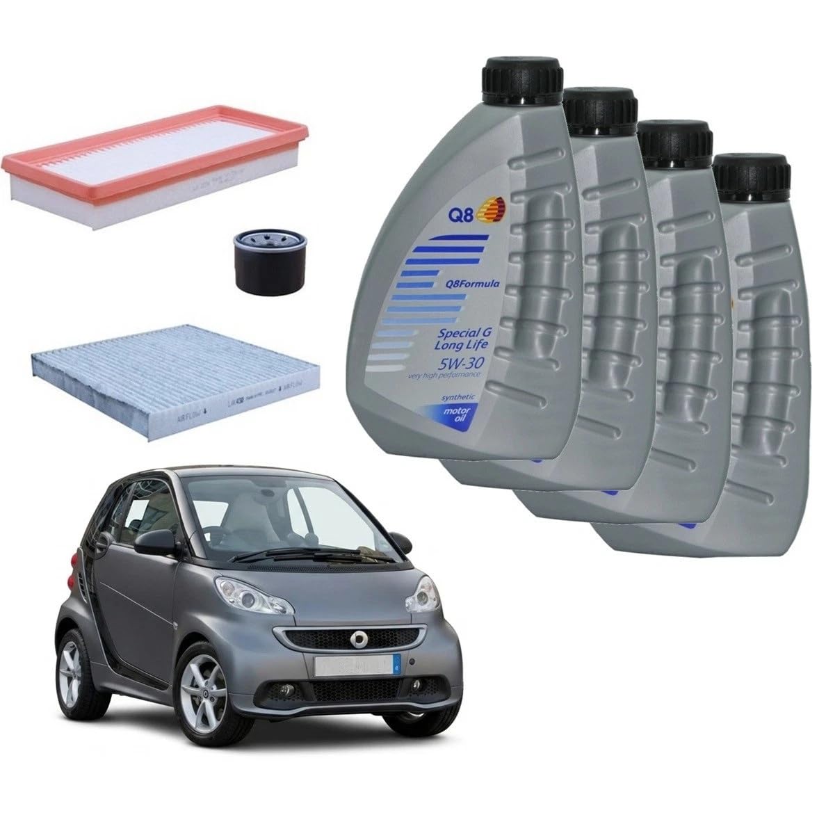 Kit Tagliando Smart 451 dal 2007, Filtri Aria Olio Abitacolo e 4 Litri di Olio Motore Q8 5w30 | Kit Filtri e Olio Motore