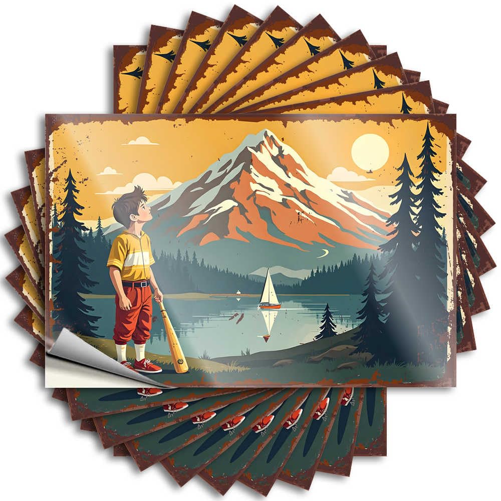 Boy with Baseball Bat Admiring Mountain Sunset Scene Teen Room Decor Rock - Bumper Window Waterproof Decal(12X18CM)