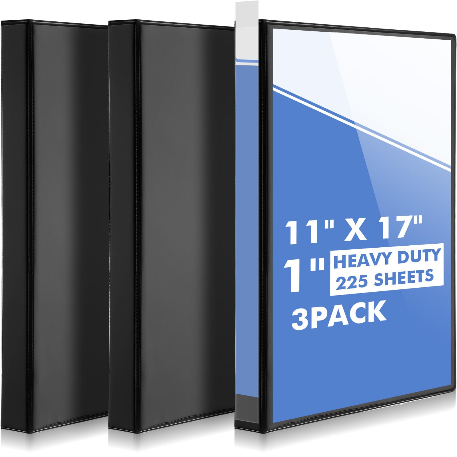 Sinload 3 raccoglitori a 3 anelli da 27,9 x 43,2 cm, con tasche, cartella per presentazioni, con copertina trasparente personalizzabile per documenti, file e progetti, nero