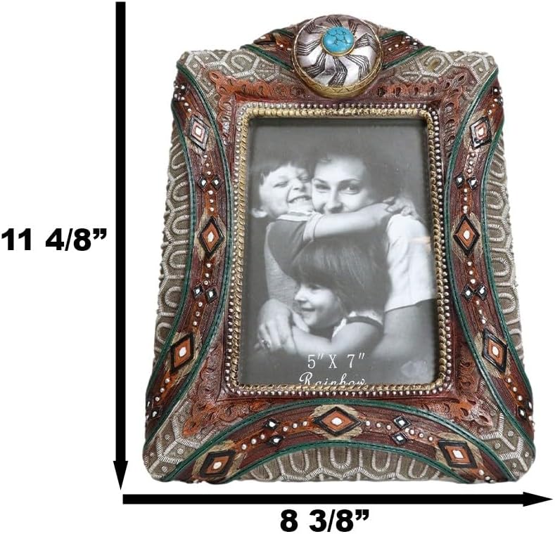 Miniatura 2 de Ebros Gift Conchos plateados rústicos del suroeste con gemas turquesas y patrones tribales de 5 x 7 pulgadas, marco de fotos, figura de rancho