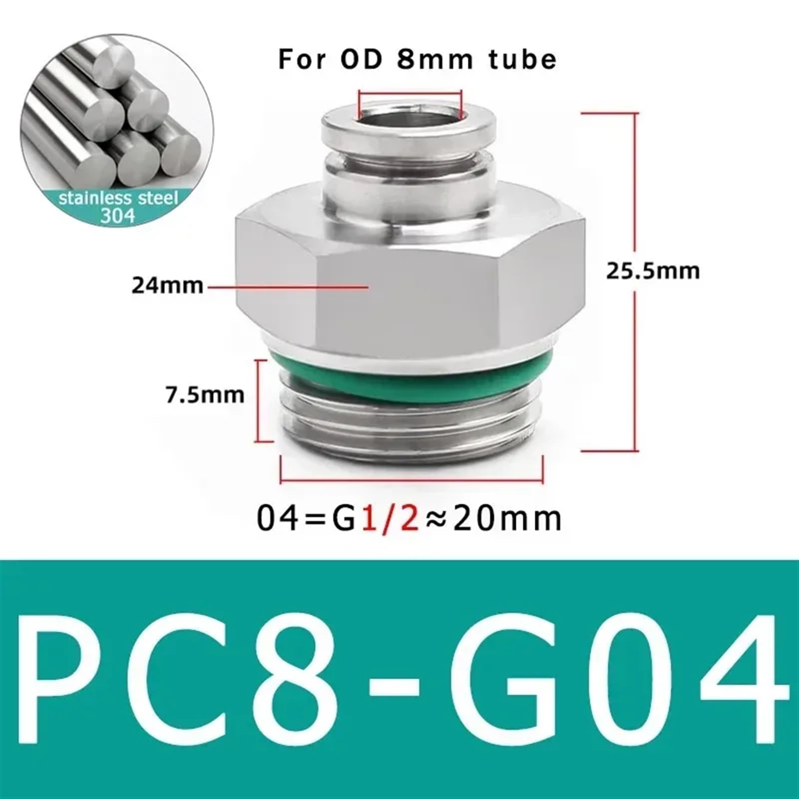 Conector de manguera de aire de acero inoxidable 304, conector de tubo neumático de rosca G for PC, 1/8, 1/4, 3/8, 1/2, M5, BSPT, acoplamiento rápido, 10 Uds.(Color:PC8-G04)
