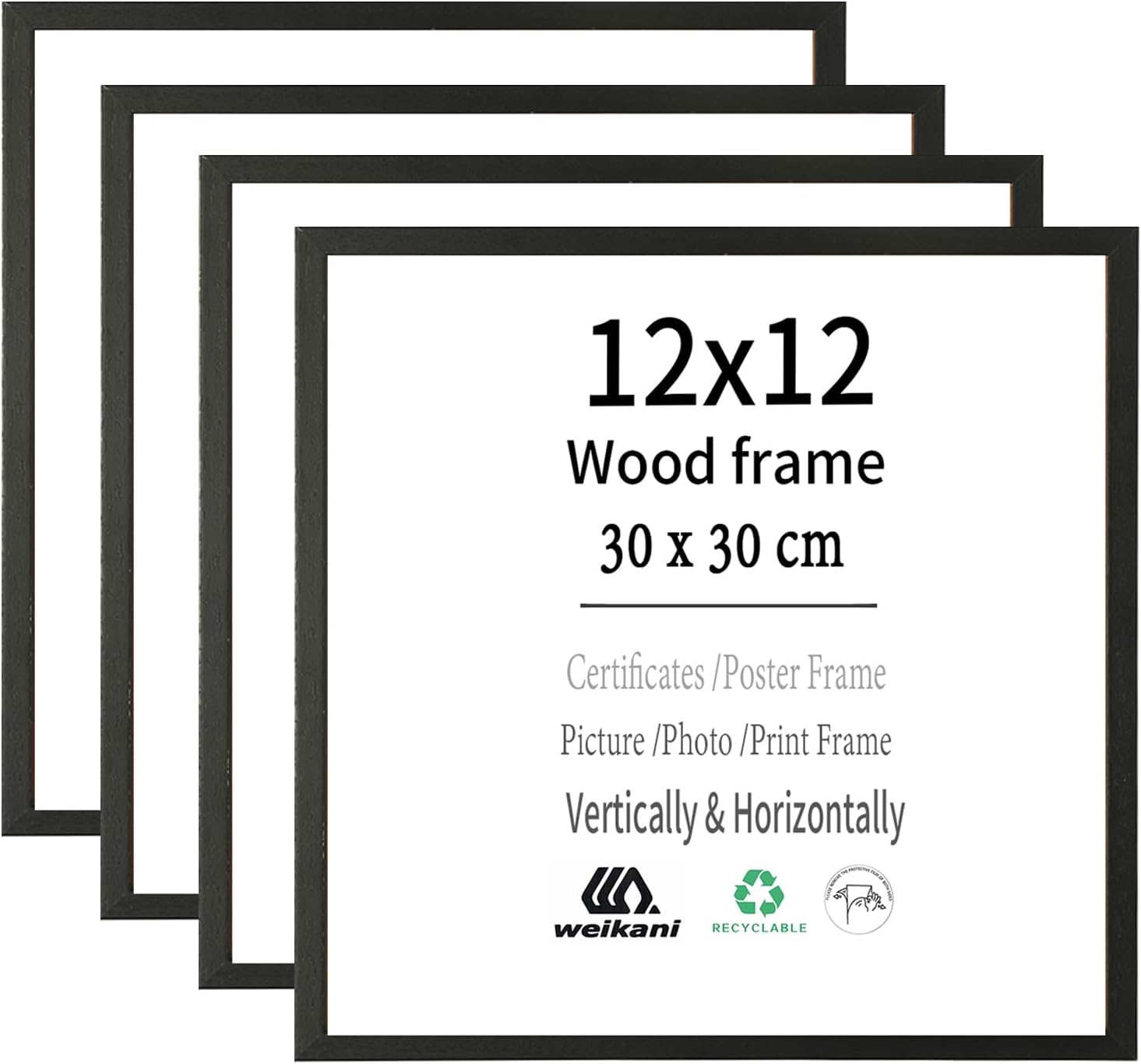 Weikani 12x12 inch Wood Picture Frame, 4 Pack30x30 cm Black Wood Photo