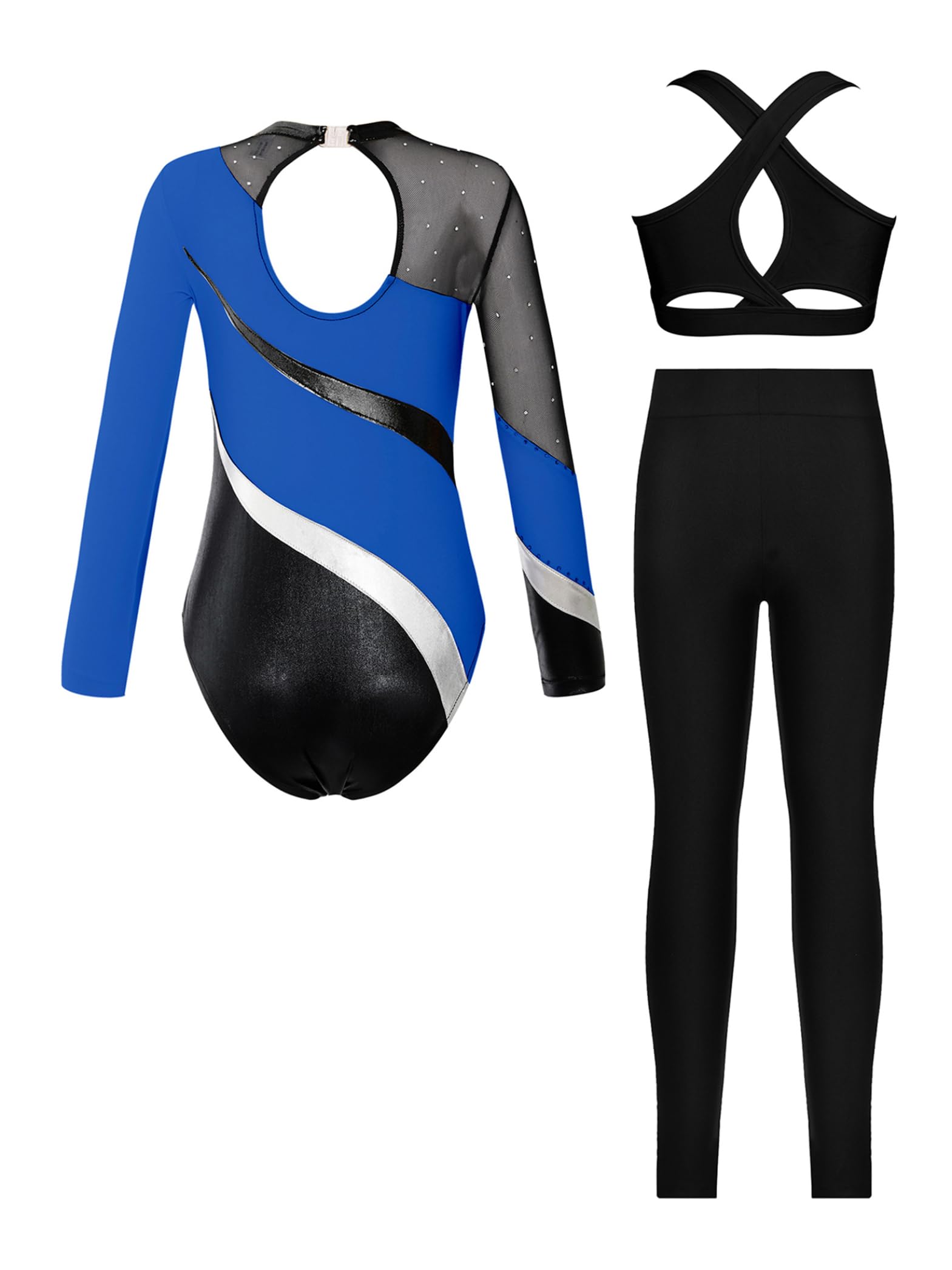 3tlg.Mädchen Turnanzug Glitzer Gymnastikanzug mit Hose Sport BH Tops Langarm Ballettanzug Gymnastik Leotard Tanz Outfit