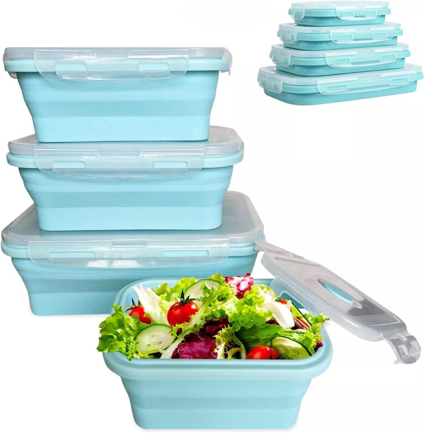 Iseventy9 Blue Versatile Collapsible Silicone Food Storage Set Great For Camping & Picnics, Collapsible Silicone Food Storage Containers With Airtight Lids (Blue)