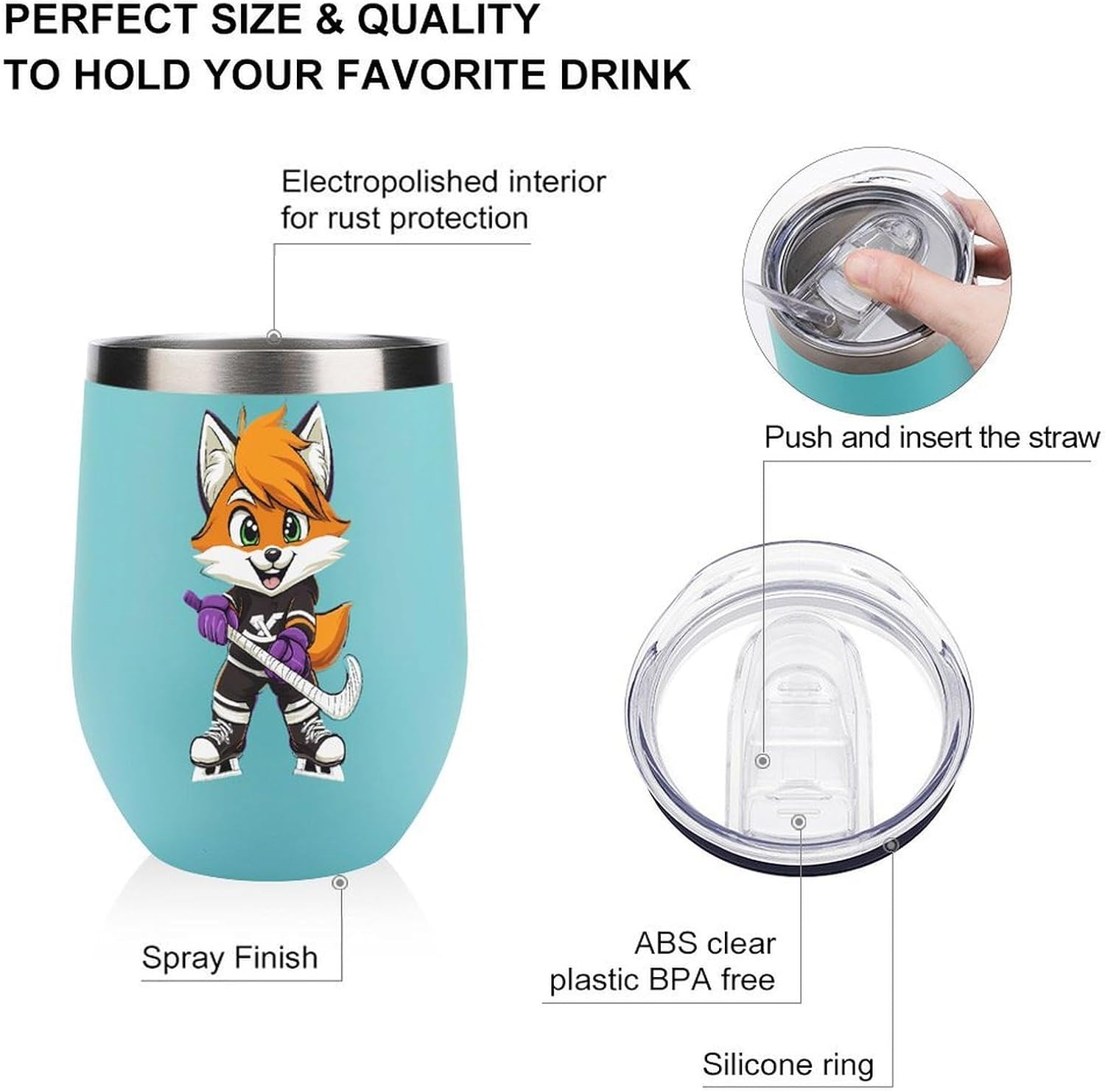 Foxs Ice Skating Holding Hockey Stick Insulated Drinking Cup Stainless Steel Coffee Mug Wine Tumbler with Lid 12OZ
