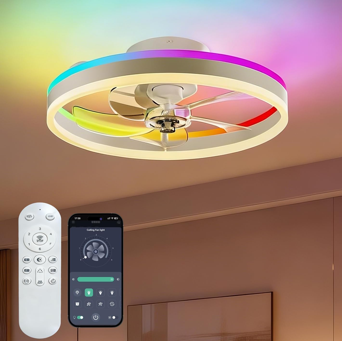 RGBCW-Deckenventilator mit Licht, 50CM Unterputz-Low-Profile-Smart-Ventilator-Licht-App und Fernbedienung, 6 Geschwindigkeiten umkehrbar, dimmbar RGB-Ambiente Deckenleuchte für Schlafzimmer Wohnzimmer