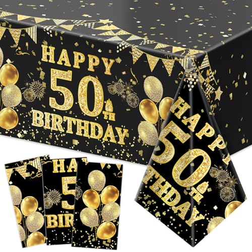Image of Labeol 3 Pack 50th Birthday Tablecloth, Black and Gold Happy 50th Birthday Decorations, Disposable Plastic Rectangular Table Cover Party Supplies for Men Women