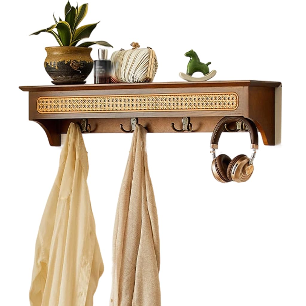 Qpkz Brown Wood Coat Rack With Shelf Wall Mount, Wooden Wall Hooks Entryway Hanging Rack Coat Hooks Rail Clothes Plastic Rattan Towel Racks With Hook For Coat, Bag, Towel 4Hook