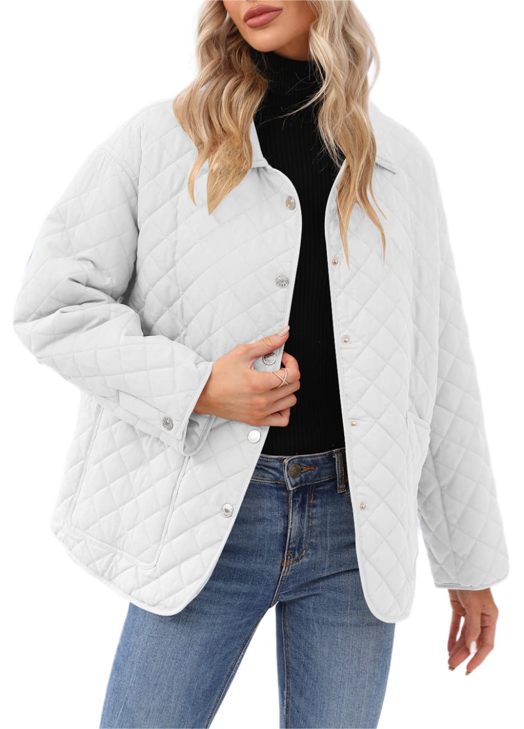 Women's Lapel Lightweight Quilted Jacket Concealed Buckle Long Sleeve Warm Oversized Coat with Two Pocket